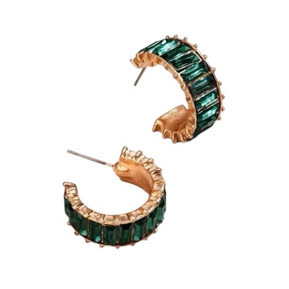 Jewelry - Green Emerald C Shape Hoops Stud Earrings